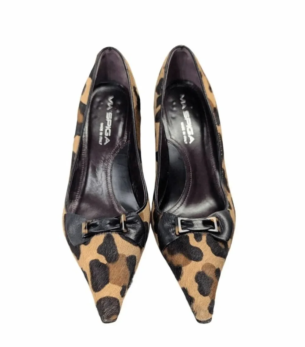 Vintage Via Spiga animal print calf hair pointed toe leather bow heels womens 6